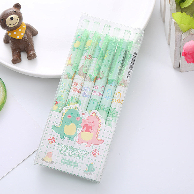 6pcs Cartoon 0.5mm Smooth Gel Ink Pen Office Ballpen School Ball Pen Black Blue Red Press Gift Box
