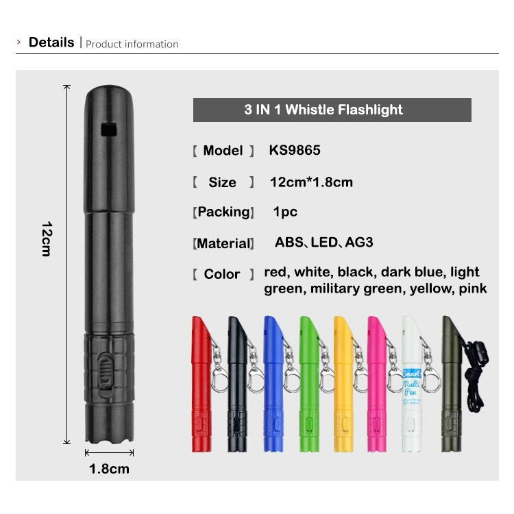 Premium 3 in 1 Emergency Ballpen Whistle Flashlight With Whistle with Flashlight Keychain Ball Pen