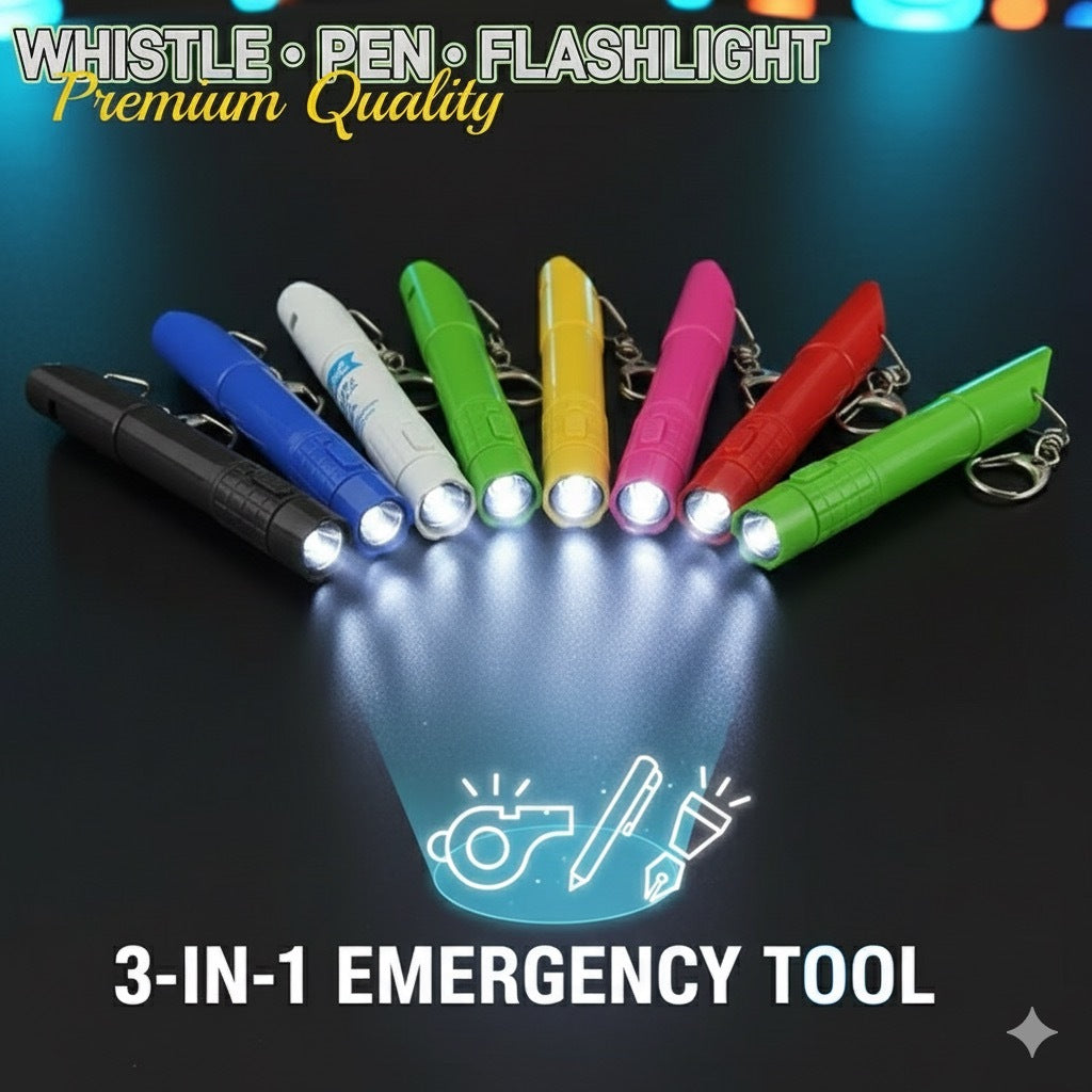 Premium 3 in 1 Emergency Ballpen Whistle Flashlight With Whistle with Flashlight Keychain Ball Pen