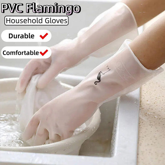 Women's Dishwashing Gloves Durable Waterproof PVC Kitchen Washing Glove Housework Fashion Flamingo