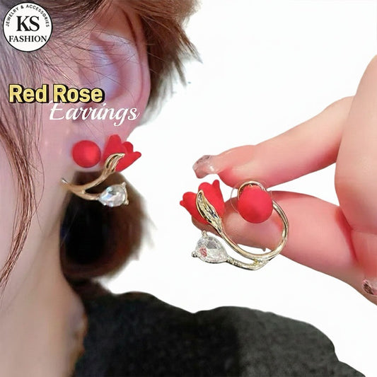 Red Flower Earrings For Women Gold Rose Earrings Stud Ear Earring Fashion Jewelry Accessories Gift