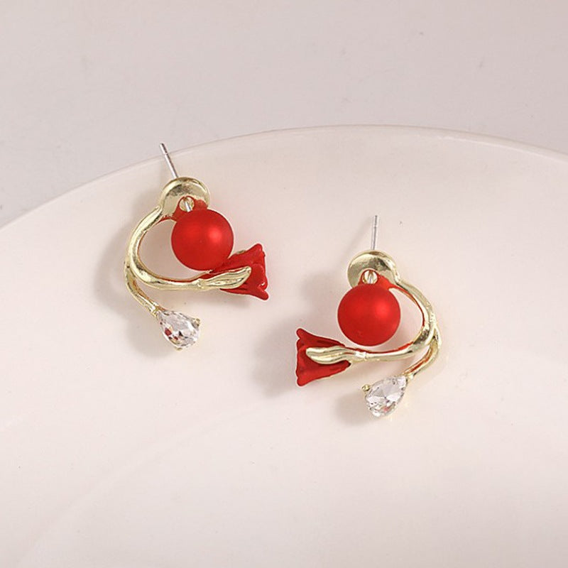 Red Flower Earrings For Women Gold Rose Earrings Stud Ear Earring Fashion Jewelry Accessories Gift