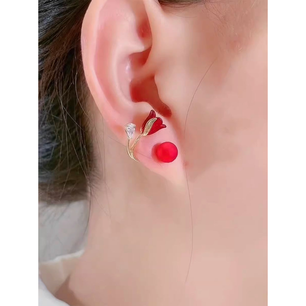 Red Flower Earrings For Women Gold Rose Earrings Stud Ear Earring Fashion Jewelry Accessories Gift