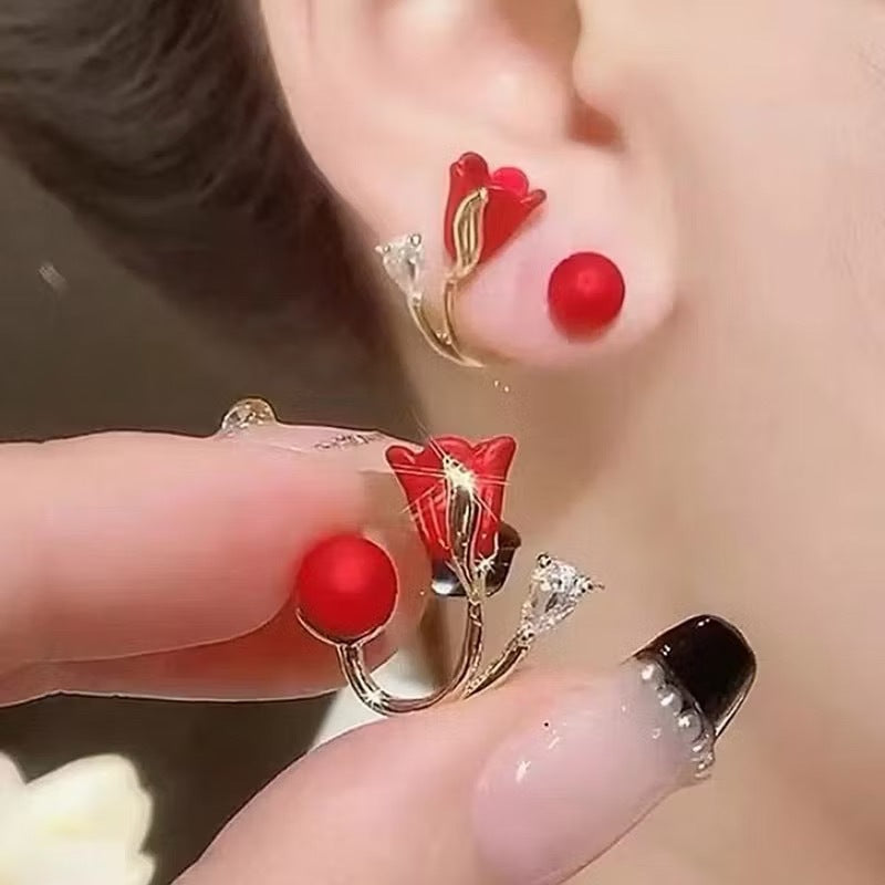 Red Flower Earrings For Women Gold Rose Earrings Stud Ear Earring Fashion Jewelry Accessories Gift