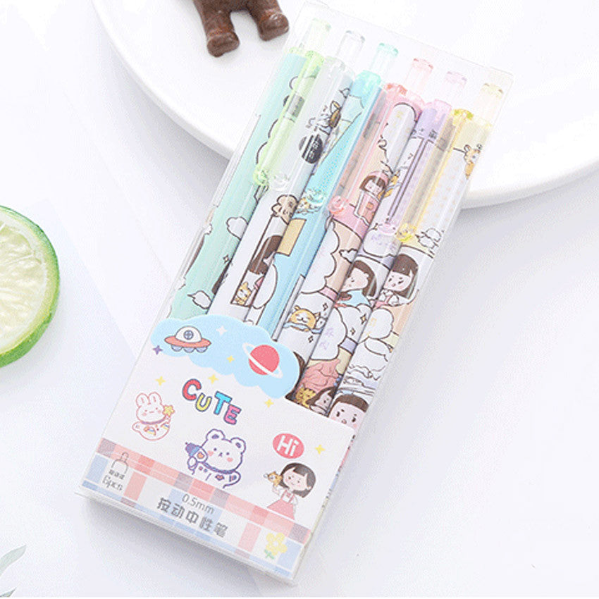 6pcs Cartoon 0.5mm Smooth Gel Ink Pen Office Ballpen School Ball Pen Black Blue Red  Press Gift Box