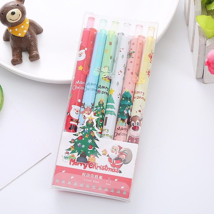 6pcs Cartoon 0.5mm Smooth Gel Ink Pen Office Ballpen School Ball Pen Black Blue Red  Press Gift Box