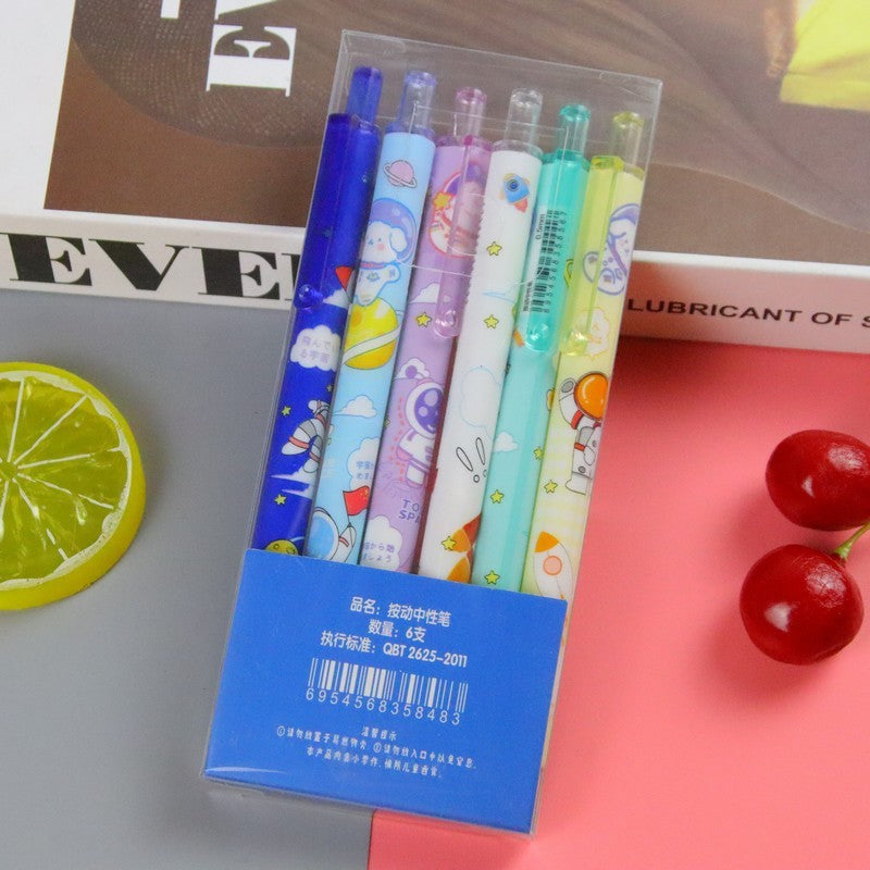 6pcs Cartoon 0.5mm Smooth Gel Ink Pen Office Ballpen School Ball Pen Black Blue Red  Press Gift Box