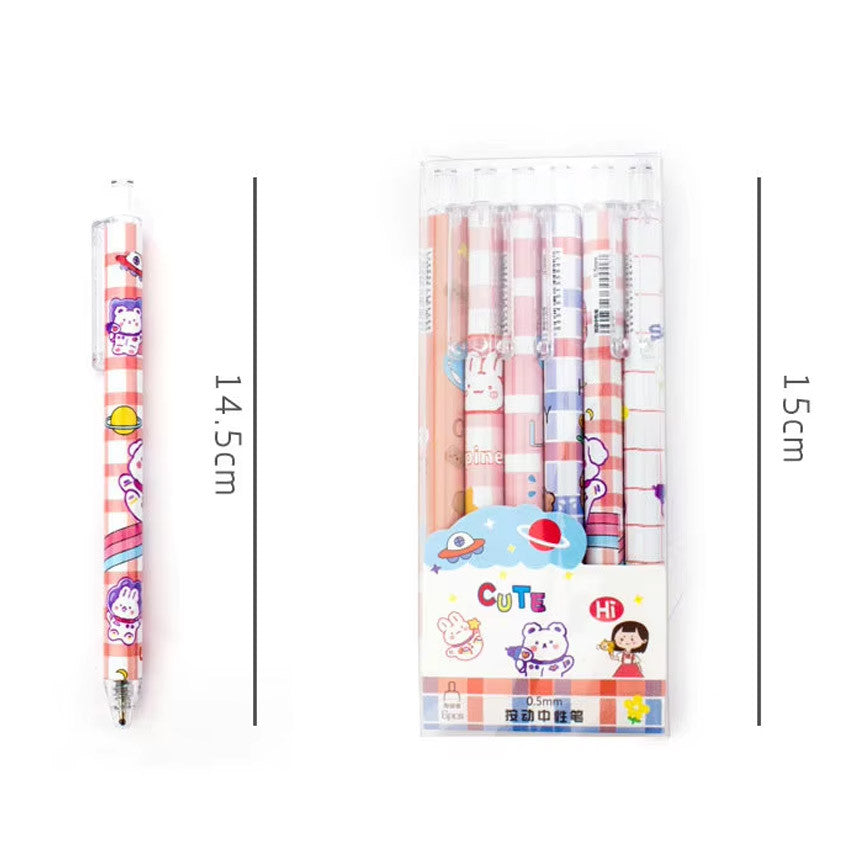 6pcs Cartoon 0.5mm Smooth Gel Ink Pen Office Ballpen School Ball Pen Black Blue Red  Press Gift Box