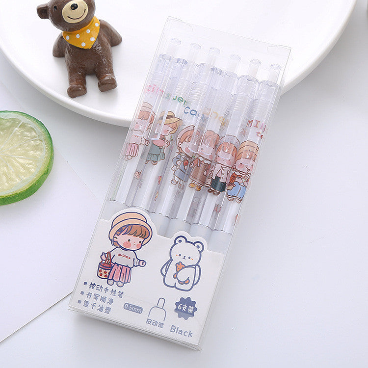 6pcs Cartoon 0.5mm Smooth Gel Ink Pen Office Ballpen School Ball Pen Black Blue Red  Press Gift Box