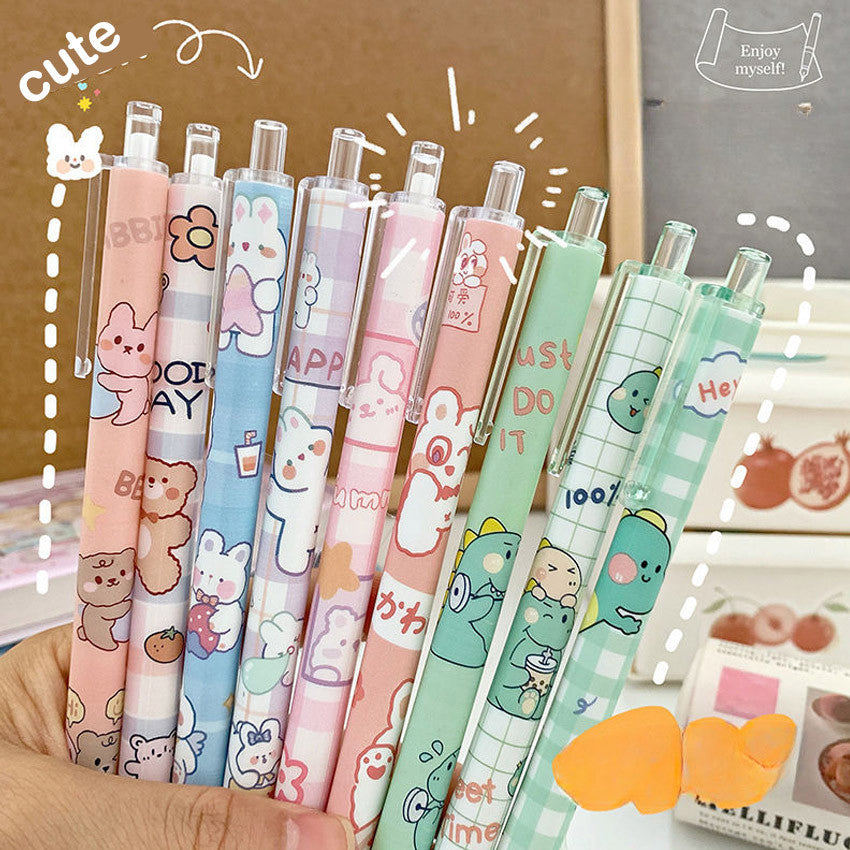 6pcs Cartoon 0.5mm Smooth Gel Ink Pen Office Ballpen School Ball Pen Black Blue Red  Press Gift Box