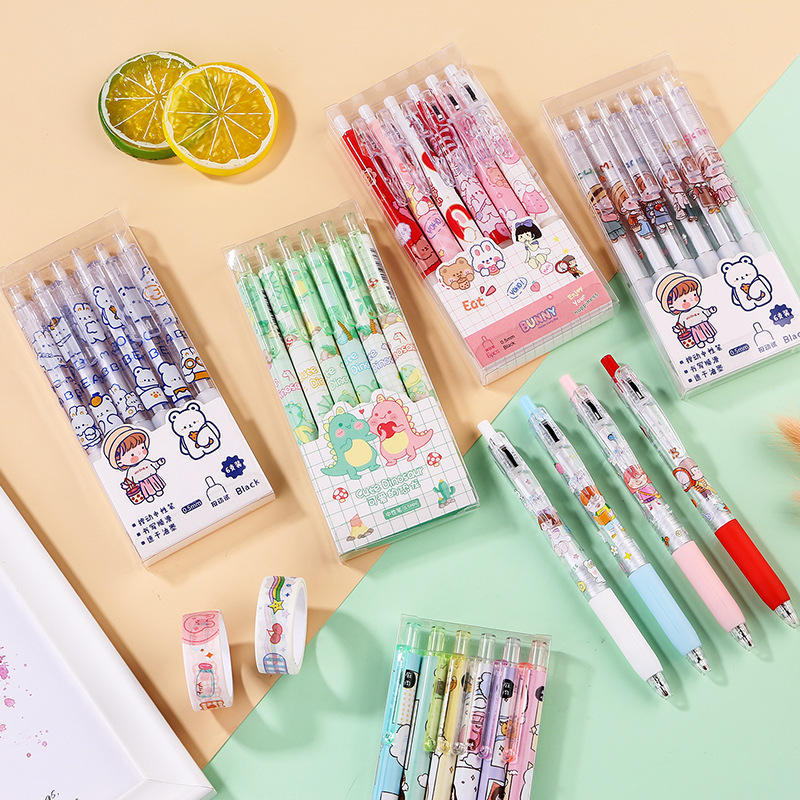 6pcs Cartoon 0.5mm Smooth Gel Ink Pen Office Ballpen School Ball Pen Black Blue Red  Press Gift Box