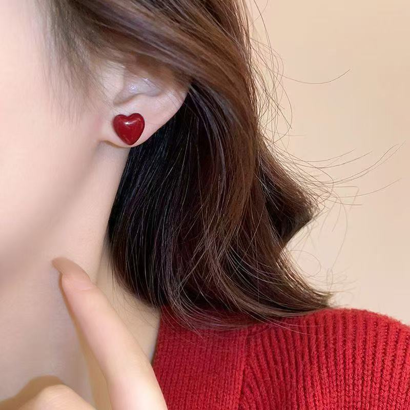 Elegant Red earrings For Women Fashion Stud Earrings Silver Heart Earring Jewelry Accessories Gift
