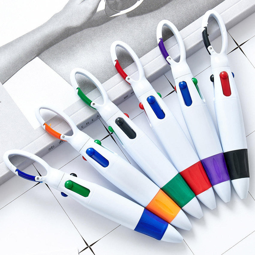Fashion Ball pen with Hook Students' daily writing push pen carabiner four-color ballpoint pen Gift
