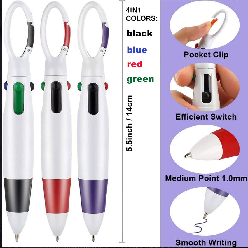 Fashion Ball pen with Hook Students' daily writing push pen carabiner four-color ballpoint pen Gift