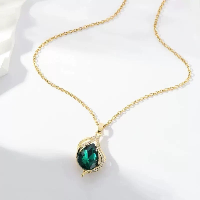 Elegant Stainless Necklace For Women Emerald Silver Gold Titanium Zircon Fashion Jewelry  Accessories Gift